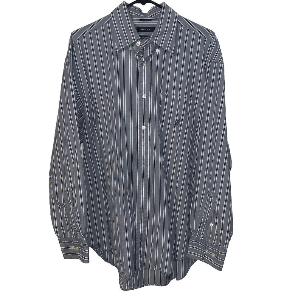 Nautica Mens 100% Cotton Shirt Adult Size L Gray Stripe Button Down Long Sleeve